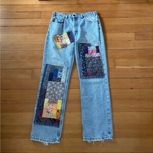 Super soft vintage Levi’s 619s patchwork repairs with a handmade quilt light wsh